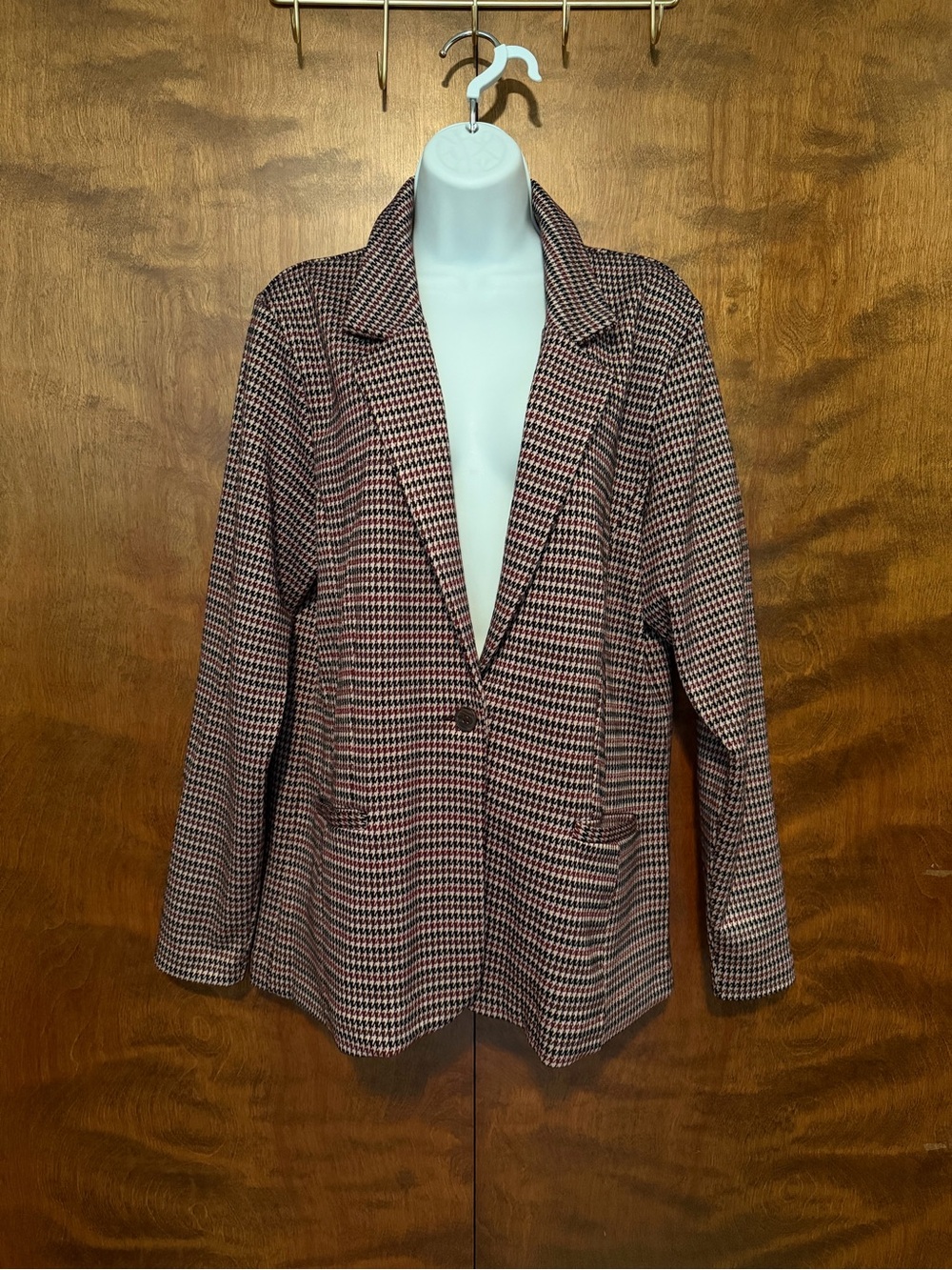 Maurice's Long Sleeve Houndstooth Fall Blazer Womens L Black & Burgundy Knit